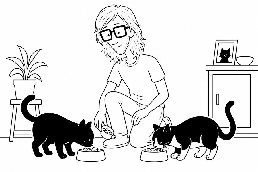 Silas feeding two cats