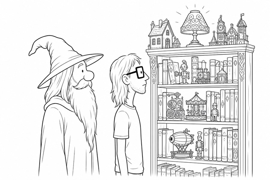 Wizard and Silas at a bookcase