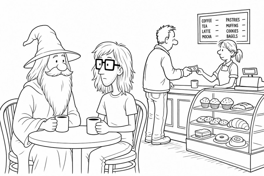 Wizard and Silas at a cafe